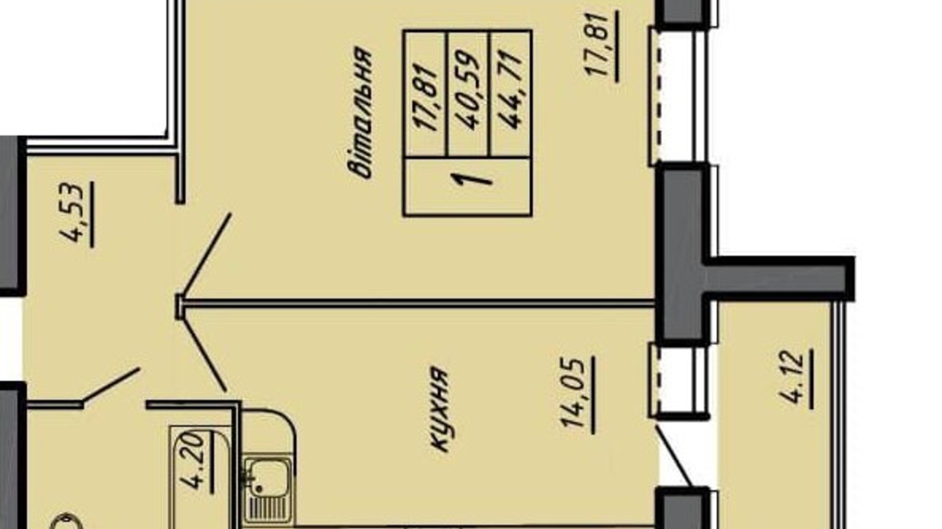 Планировка 1-комнатной квартиры в ЖК Черновецкий 44.71 м², фото 244756