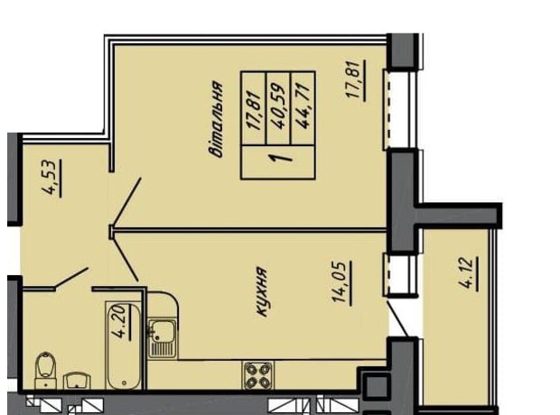 ЖК Черновецкий: планировка 1-комнатной квартиры 44.71 м²