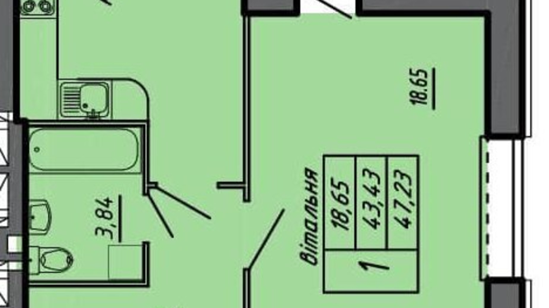 Планировка 1-комнатной квартиры в ЖК Черновецкий 47.23 м², фото 244757