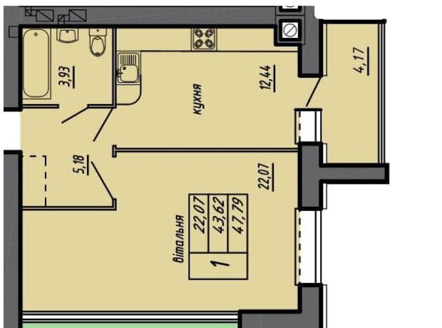 ЖК Черновецкий: планировка 1-комнатной квартиры 47.79 м²