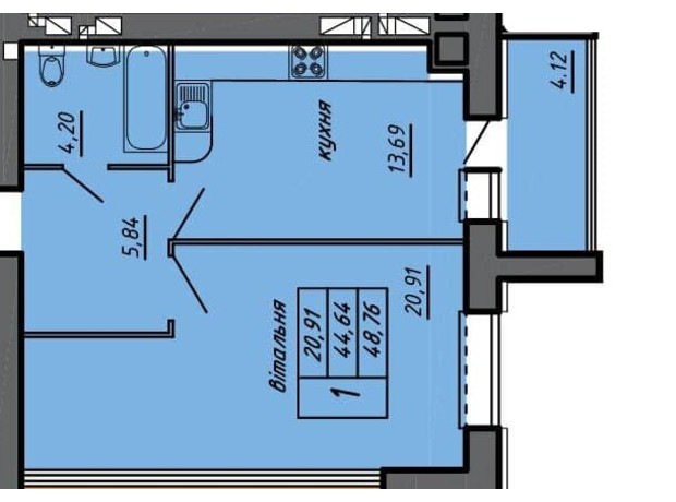 ЖК Чернівецький: планування 1-кімнатної квартири 48.76 м²