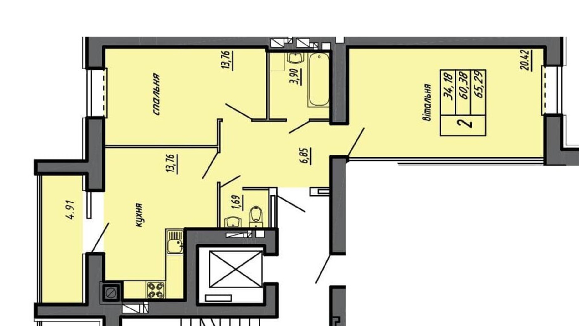 Планировка 2-комнатной квартиры в ЖК Черновецкий 65.29 м², фото 244797