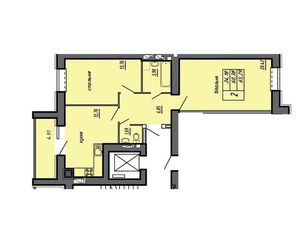 ЖК Черновецкий: планировка 2-комнатной квартиры 65.29 м²