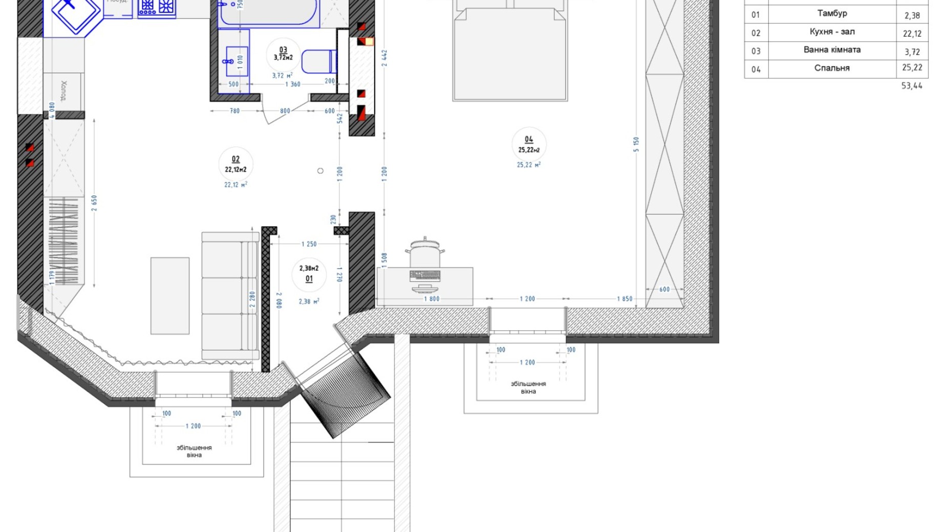 Планировка помещения в ЖК Трояндовый 53.44 м², фото 244860