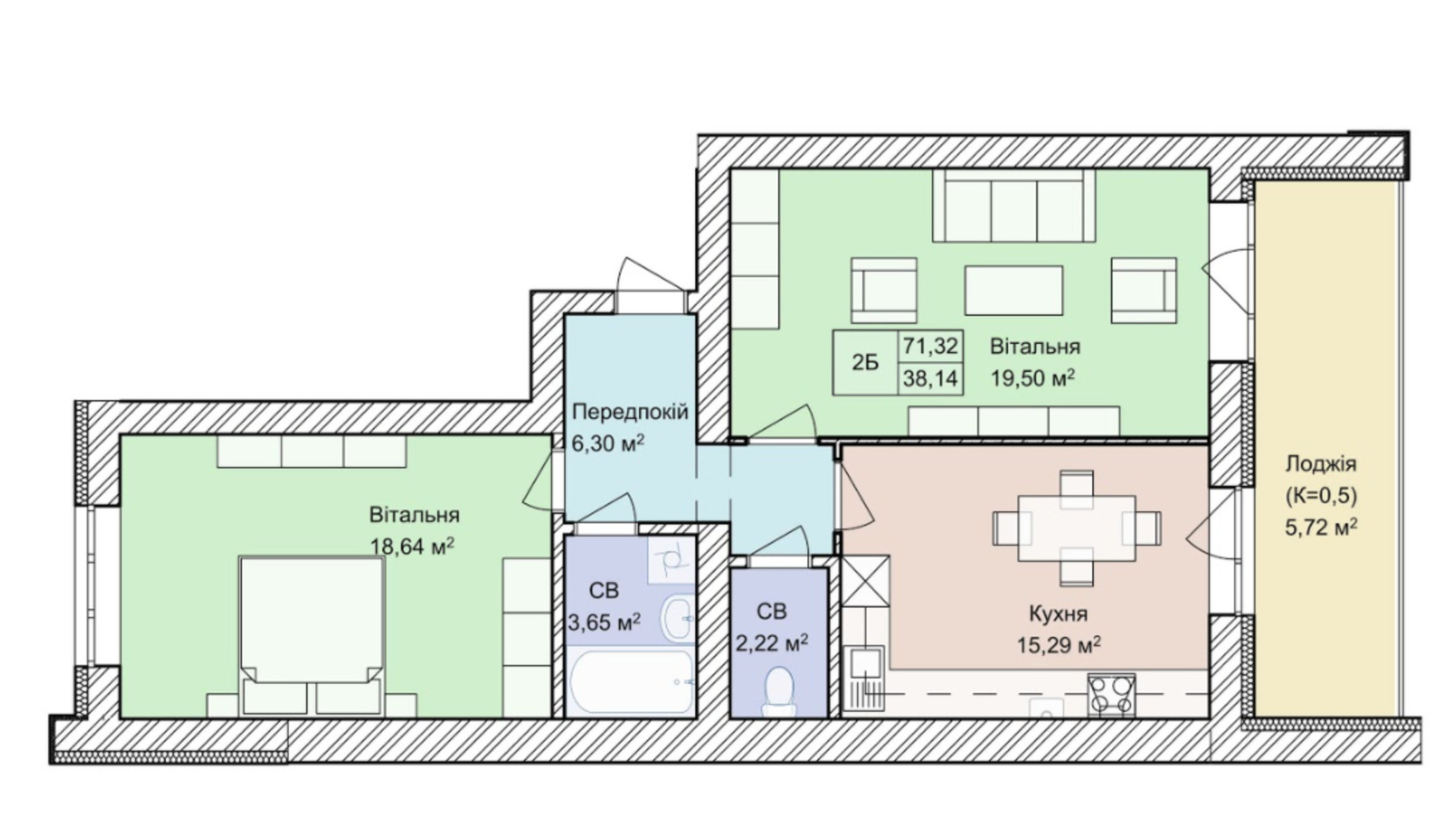 Планировка 2-комнатной квартиры в ЖК Гостомель Residence 73.7 м², фото 244958