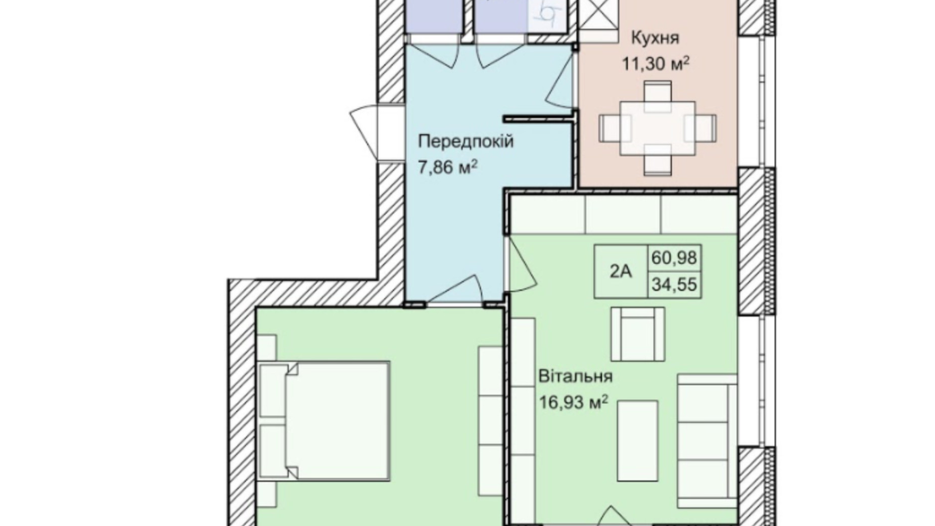 Планування 2-кімнатної квартири в ЖК Гостомель Residence 64.4 м², фото 244959