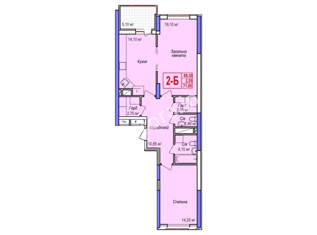 ЖК Аврора: планування 2-кімнатної квартири 72.4 м²