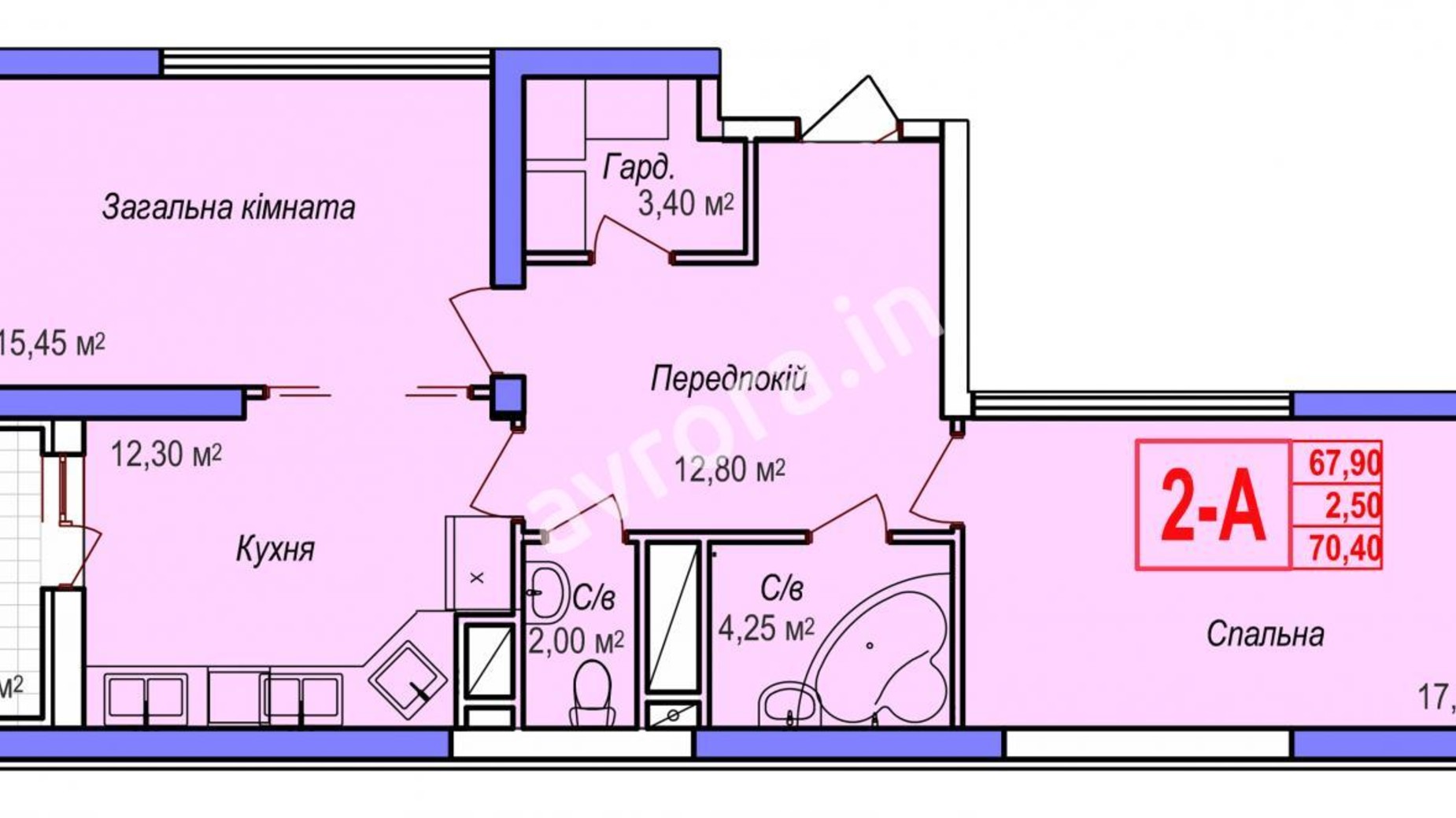 Планировка 2-комнатной квартиры в ЖК Аврора 71.35 м², фото 244989