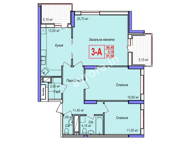 ЖК Аврора: планировка 3-комнатной квартиры 91.95 м²