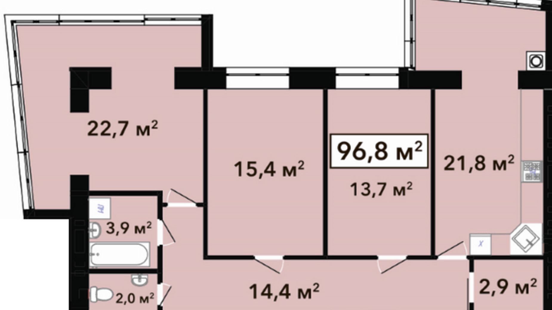 Планировка 3-комнатной квартиры в ЖК Перлина Проскурова 2 96.8 м², фото 245291