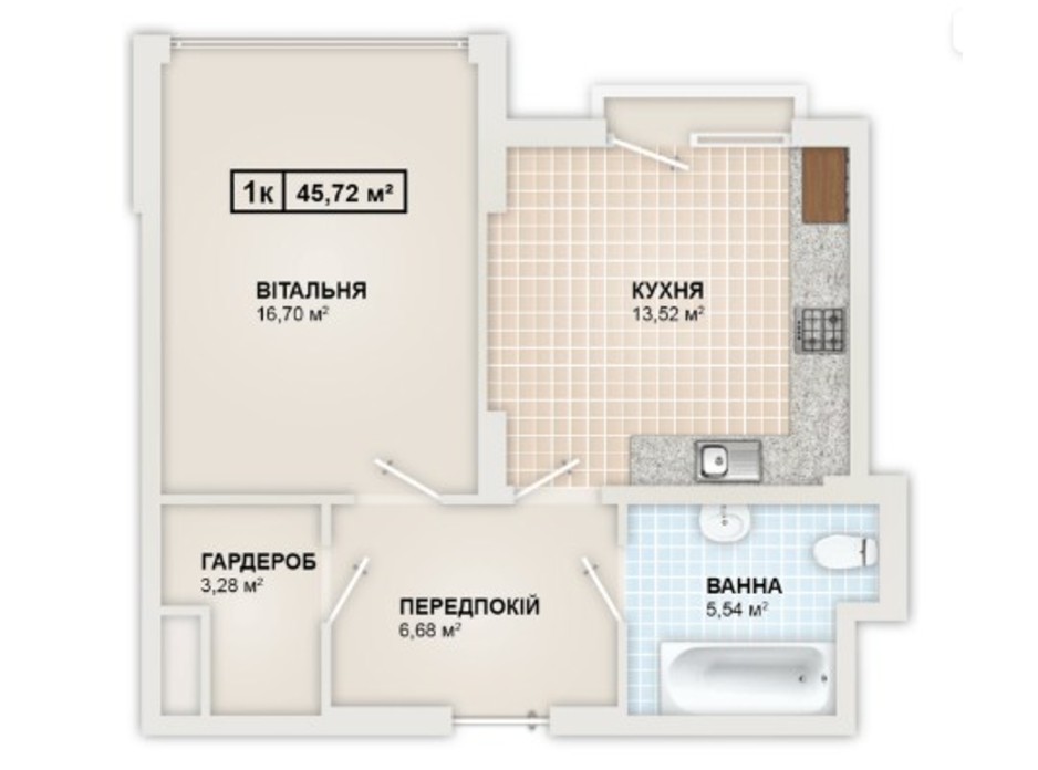 Планування 1-кімнатної квартири в ЖК HydroPark DeLuxe 45.72 м², фото 245341 Планування 1-кімнатної квартири в ЖК HydroPark DeLuxe 45.72 м², фото 245341