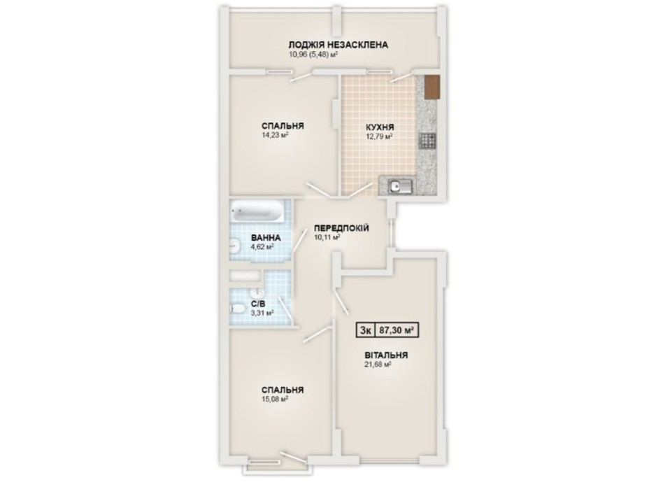 Планировка 3-комнатной квартиры в ЖК HydroPark DeLuxe 87.3 м², фото 245344 Планировка 3-комнатной квартиры в ЖК HydroPark DeLuxe 87.3 м², фото 245344
