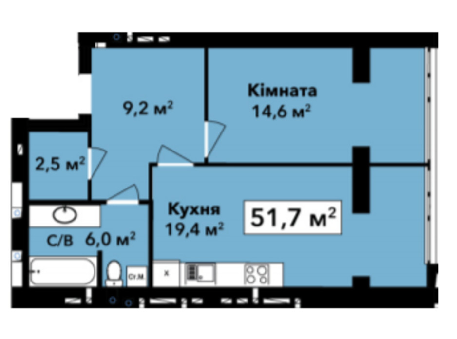 Планировка 1-комнатной квартиры в ЖК Перлина Проскурова 51.7 м², фото 245348 Планировка 1-комнатной квартиры в ЖК Перлина Проскурова 51.7 м², фото 245348