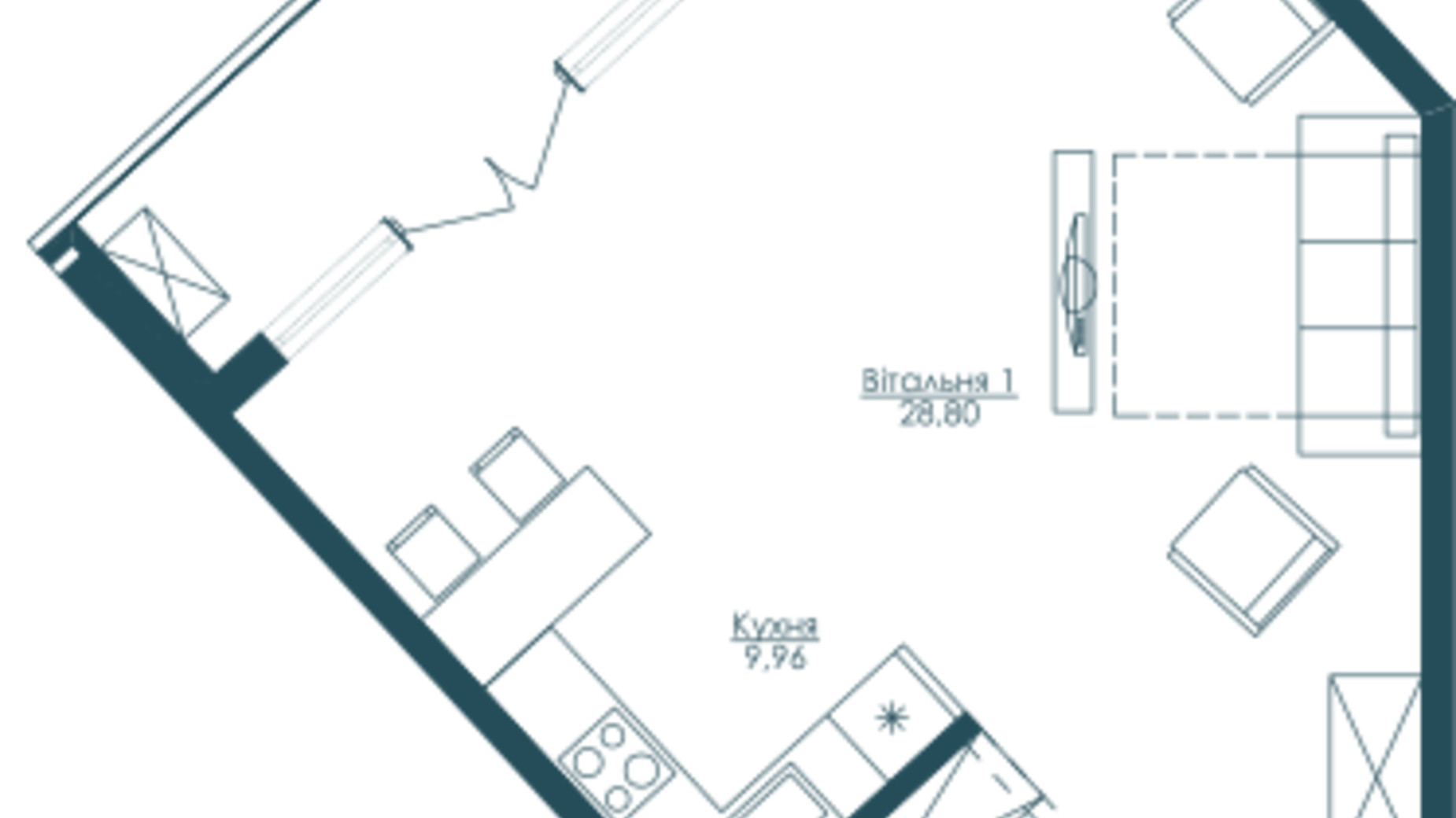 Планування 1-кімнатної квартири в ЖК Kandinsky Odessa Residence 49.3 м², фото 245373