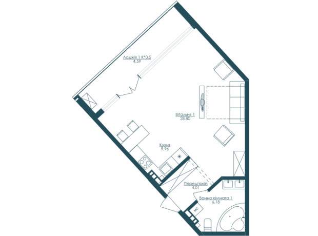 ЖК Kandinsky Odessa Residence: планировка 1-комнатной квартиры 49.3 м²