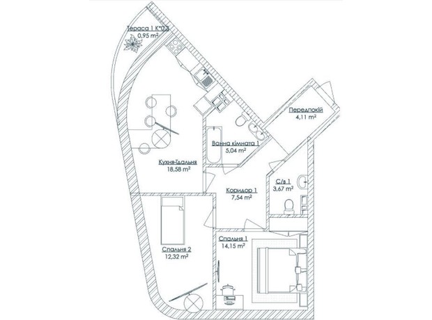 ЖК Kandinsky Odessa Residence: планировка 2-комнатной квартиры 66.36 м²