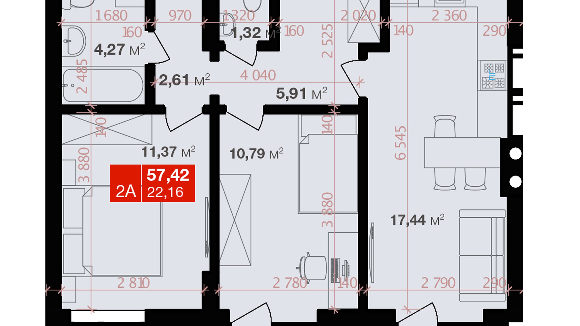 Планування 2-кімнатної квартири в ЖК Авантаж 247 57.42 м², фото 245412