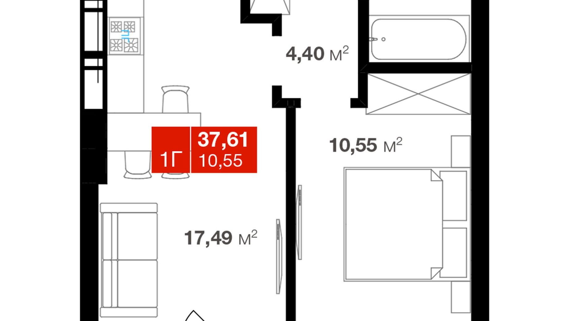 Планування 1-кімнатної квартири в ЖК Авантаж 247 37.61 м², фото 245417