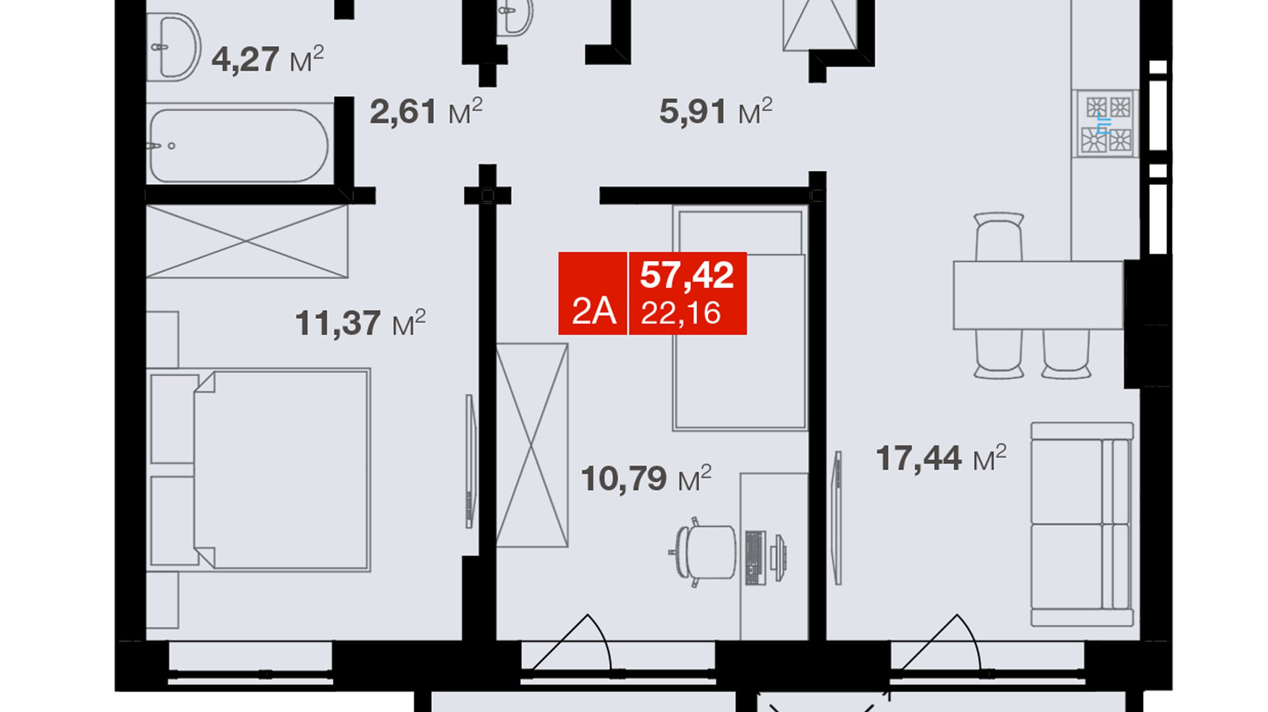 Планування 2-кімнатної квартири в ЖК Авантаж 247 57.42 м², фото 245420