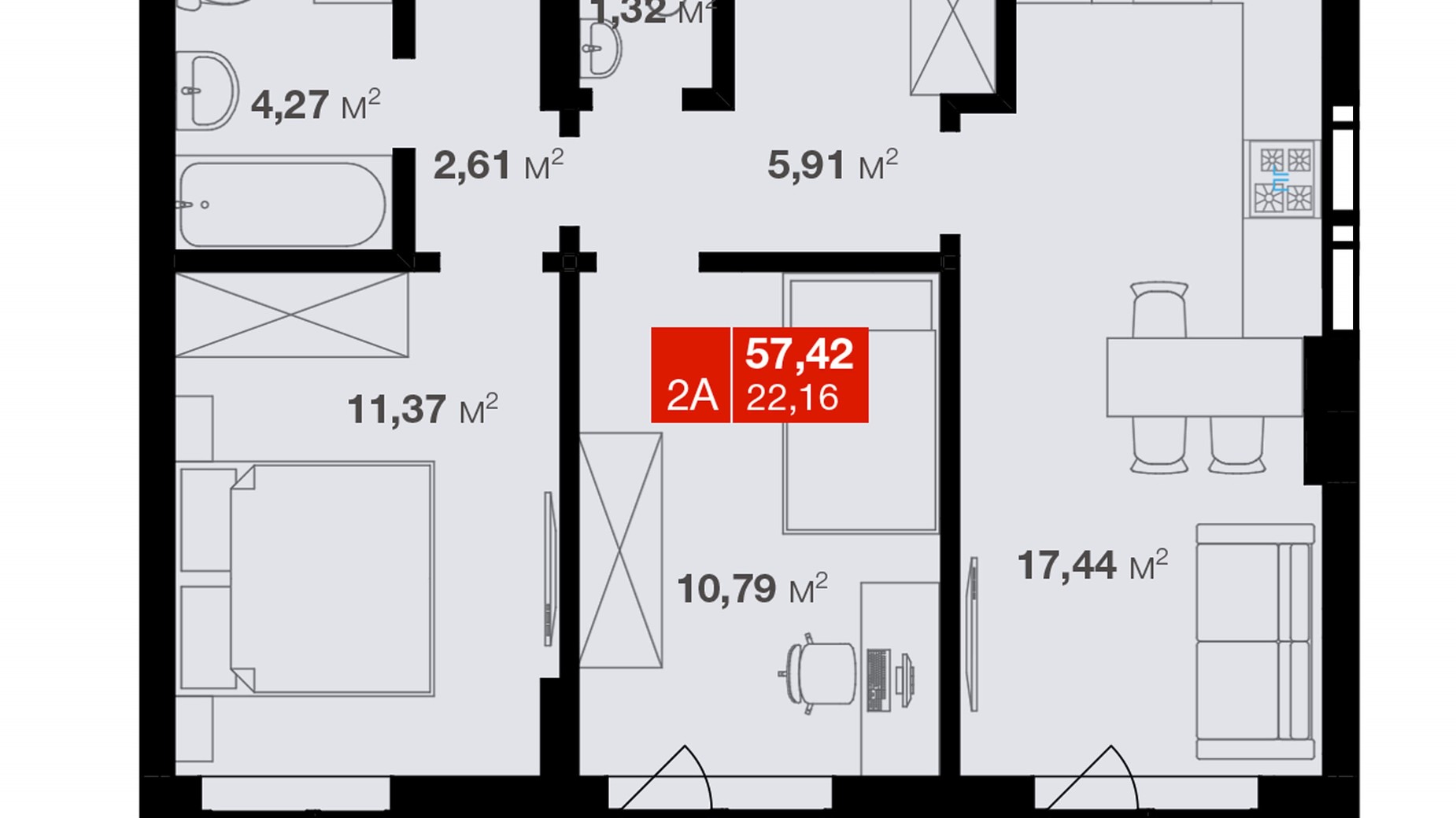 Планування 2-кімнатної квартири в ЖК Авантаж 247 57.42 м², фото 245428