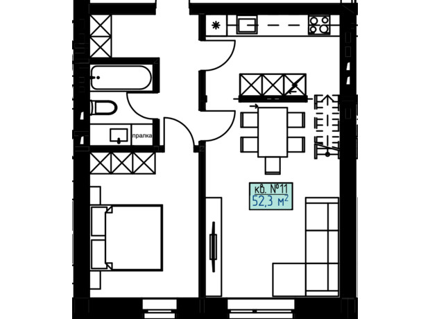 КД Craft: планировка 2-комнатной квартиры 52.3 м²