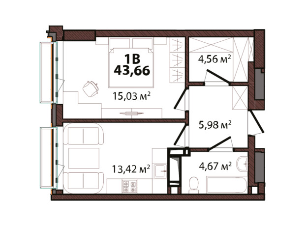 ЖК Edeldorf: планировка 1-комнатной квартиры 43.66 м²