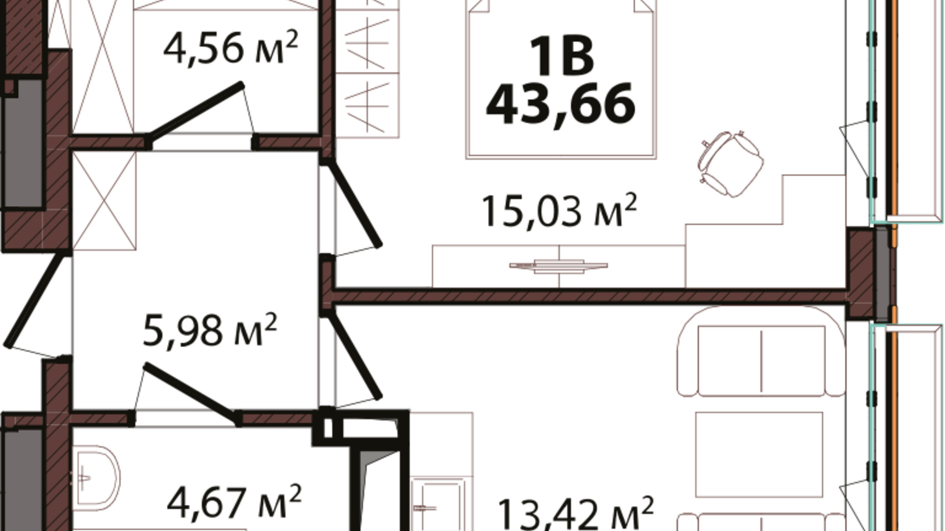 Планування 1-кімнатної квартири в ЖК Edeldorf 43.66 м², фото 245632