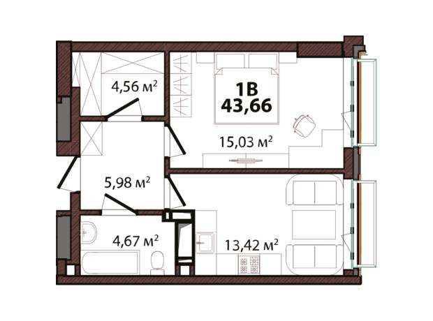 ЖК Edeldorf: планировка 1-комнатной квартиры 43.66 м²