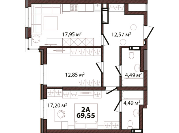 ЖК Edeldorf: планировка 2-комнатной квартиры 69.55 м²