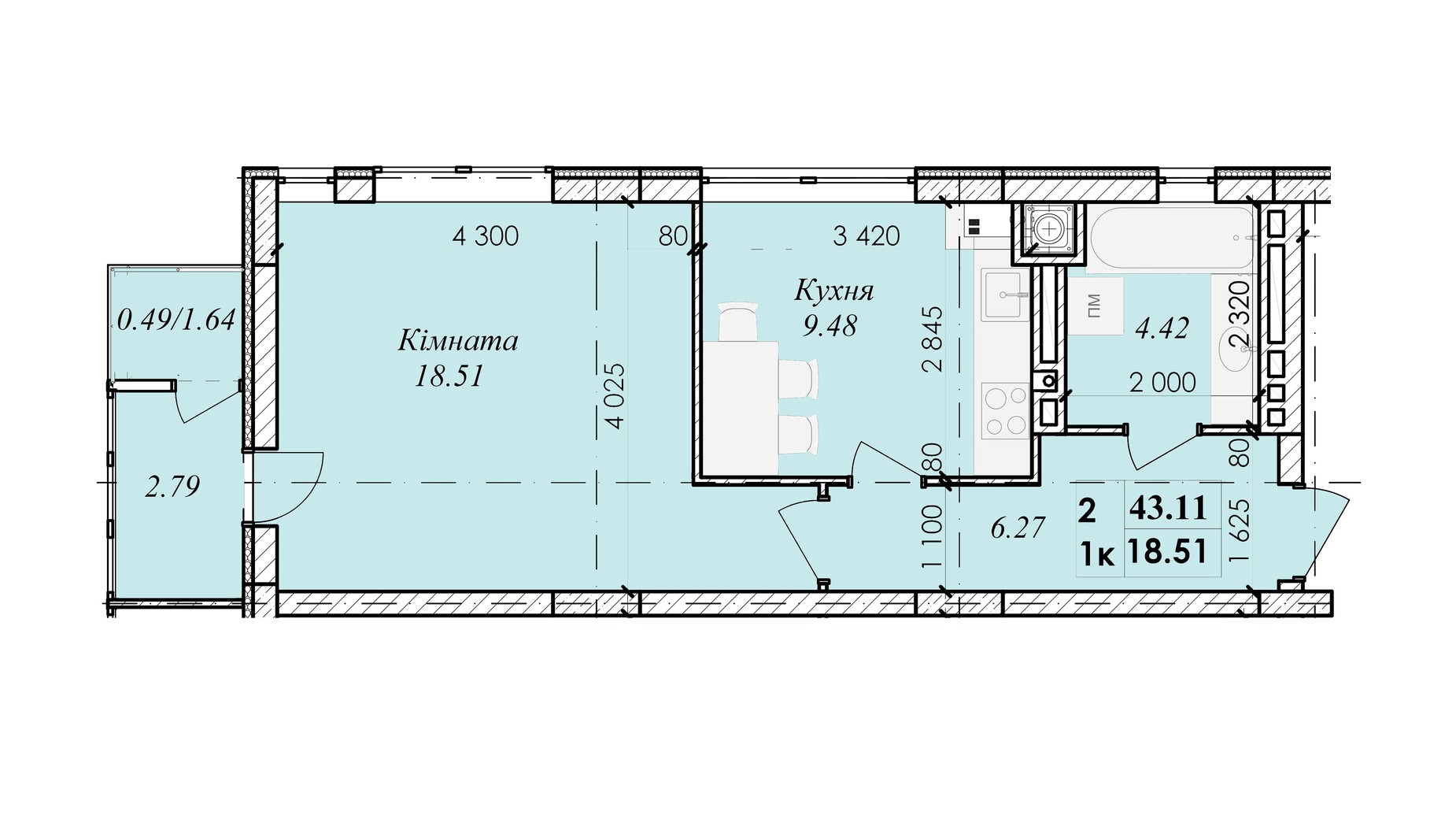 Планировка 1-комнатной квартиры в ЖК Excellent House 43.11 м², фото 245673