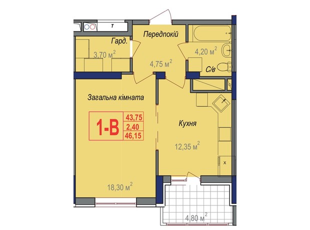 ЖК Аврора: планування 1-кімнатної квартири 46.15 м²