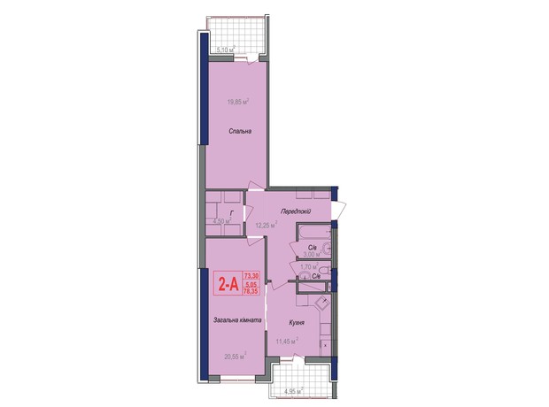 ЖК Аврора: планування 2-кімнатної квартири 78.35 м²