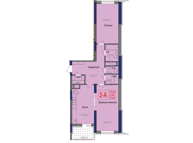 ЖК Аврора: планування 2-кімнатної квартири 77.65 м²