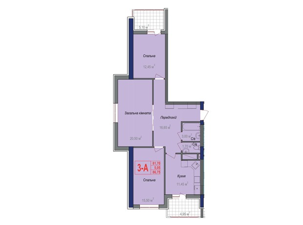 ЖК Аврора: планування 3-кімнатної квартири 86.75 м²