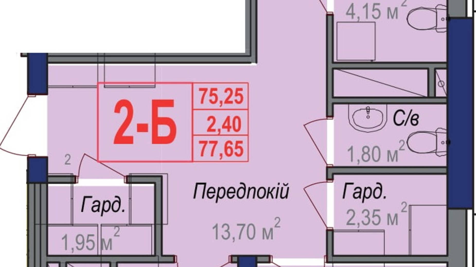 Планировка 2-комнатной квартиры в ЖК Аврора 77.65 м², фото 245854