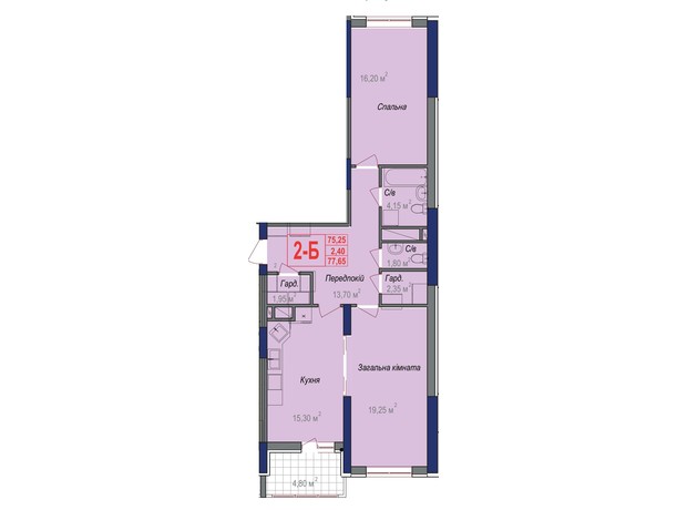 ЖК Аврора: планування 2-кімнатної квартири 77.65 м²