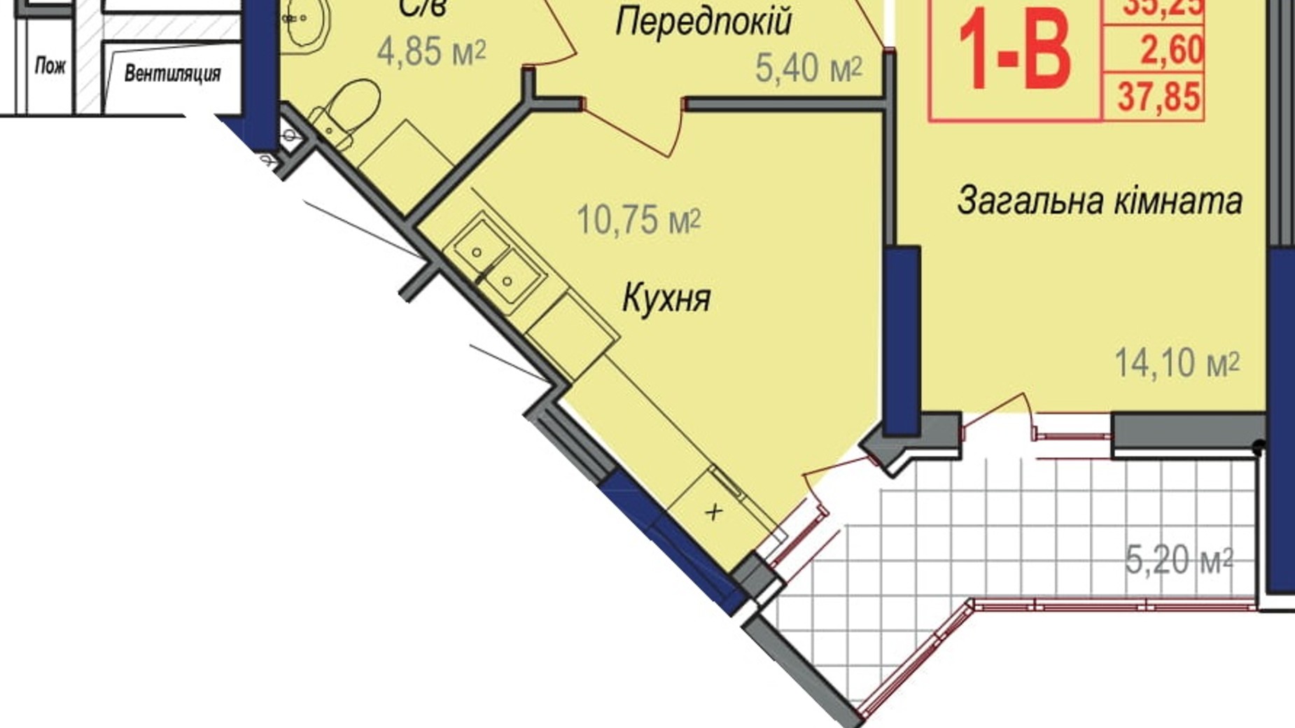 Планировка 1-комнатной квартиры в ЖК Аврора 37.85 м², фото 245859