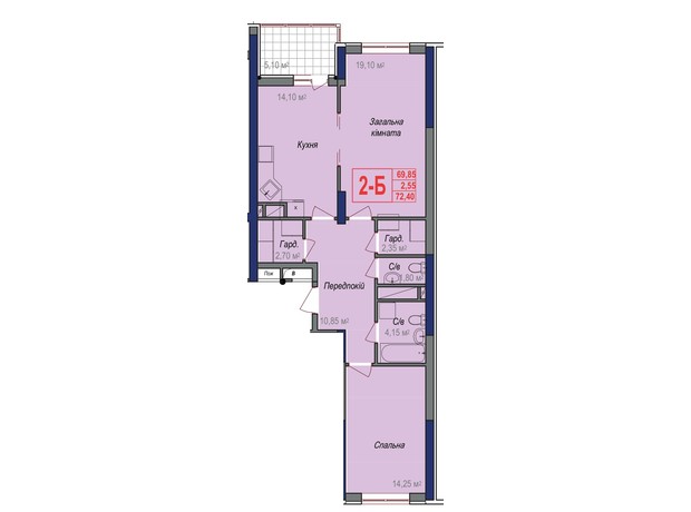 ЖК Аврора: планування 2-кімнатної квартири 72.4 м²