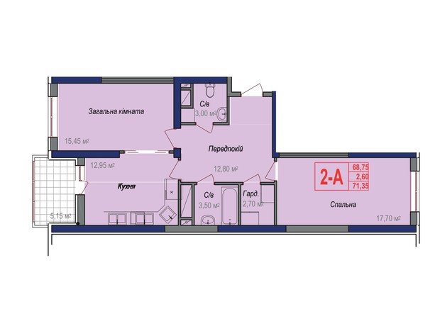 ЖК Аврора: планування 2-кімнатної квартири 71.35 м²