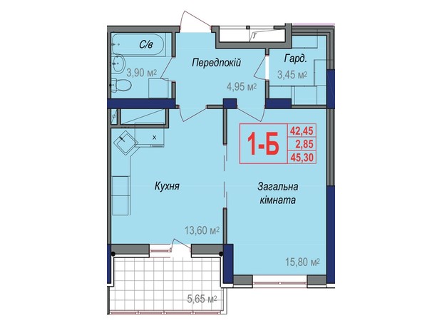 ЖК Аврора: планировка 1-комнатной квартиры 45.3 м²