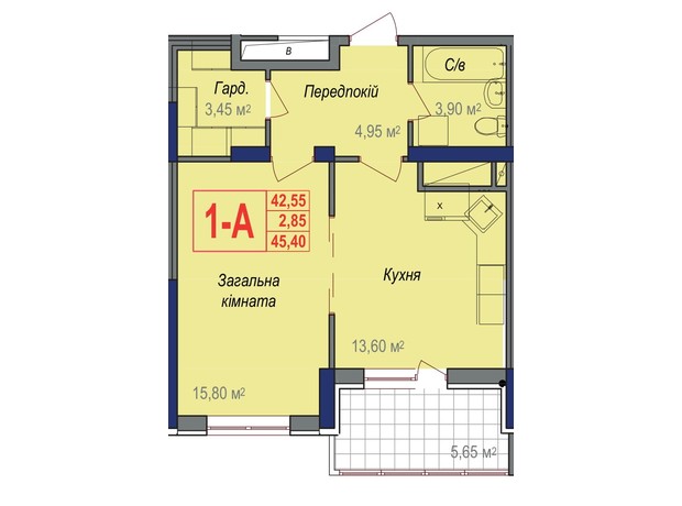 ЖК Аврора: планировка 1-комнатной квартиры 45.4 м²