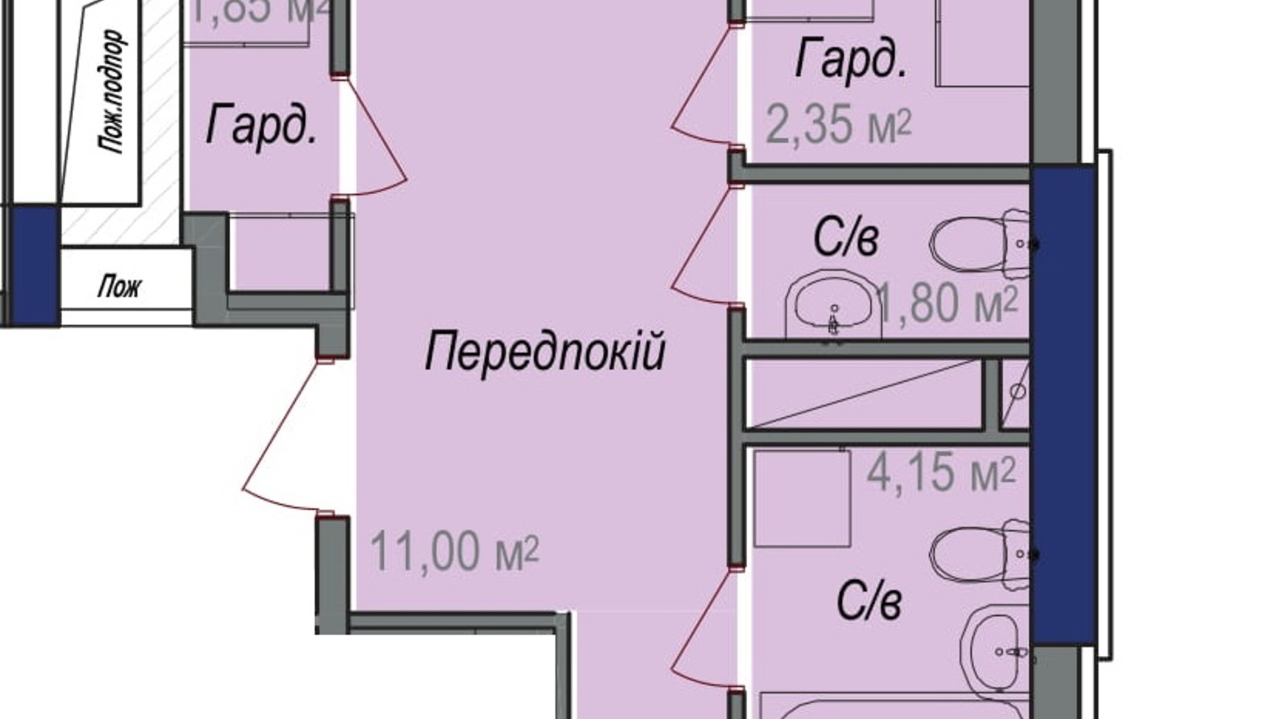 Планування 2-кімнатної квартири в ЖК Аврора 74.65 м², фото 245870