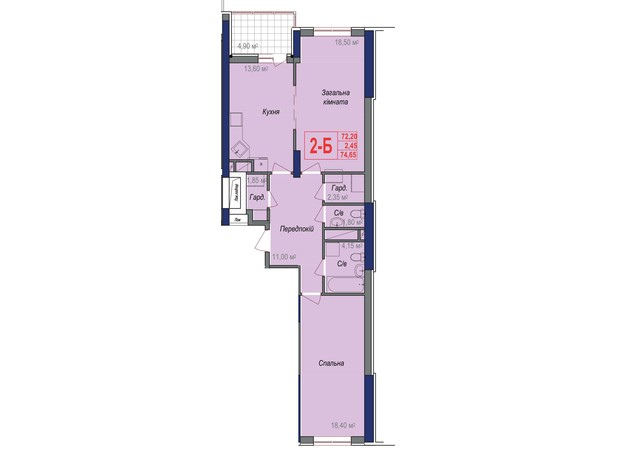 ЖК Аврора: планування 2-кімнатної квартири 74.65 м²