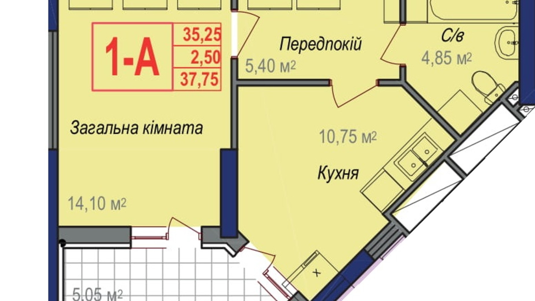 Планировка 1-комнатной квартиры в ЖК Аврора 37.75 м², фото 245877