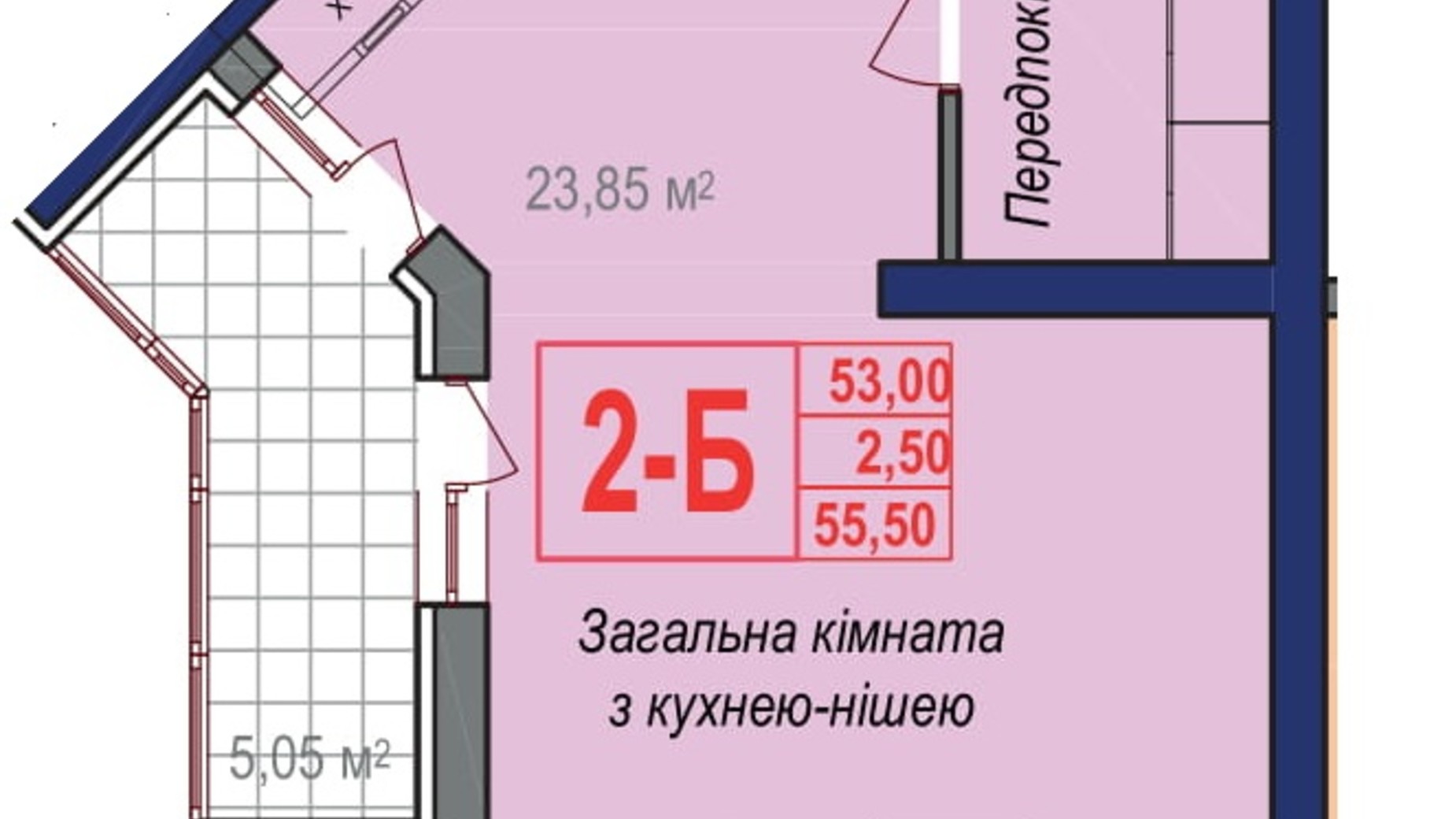 Планування 2-кімнатної квартири в ЖК Аврора 55.5 м², фото 245881