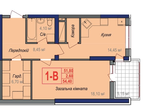 ЖК Аврора: планировка 1-комнатной квартиры 54.4 м²