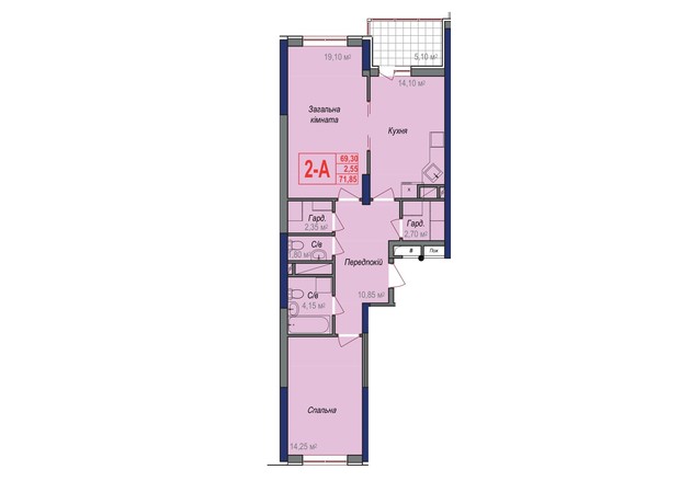 ЖК Аврора: планування 2-кімнатної квартири 71.85 м²