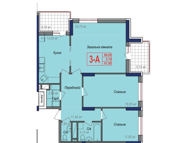 ЖК Аврора: планування 3-кімнатної квартири 91.95 м²