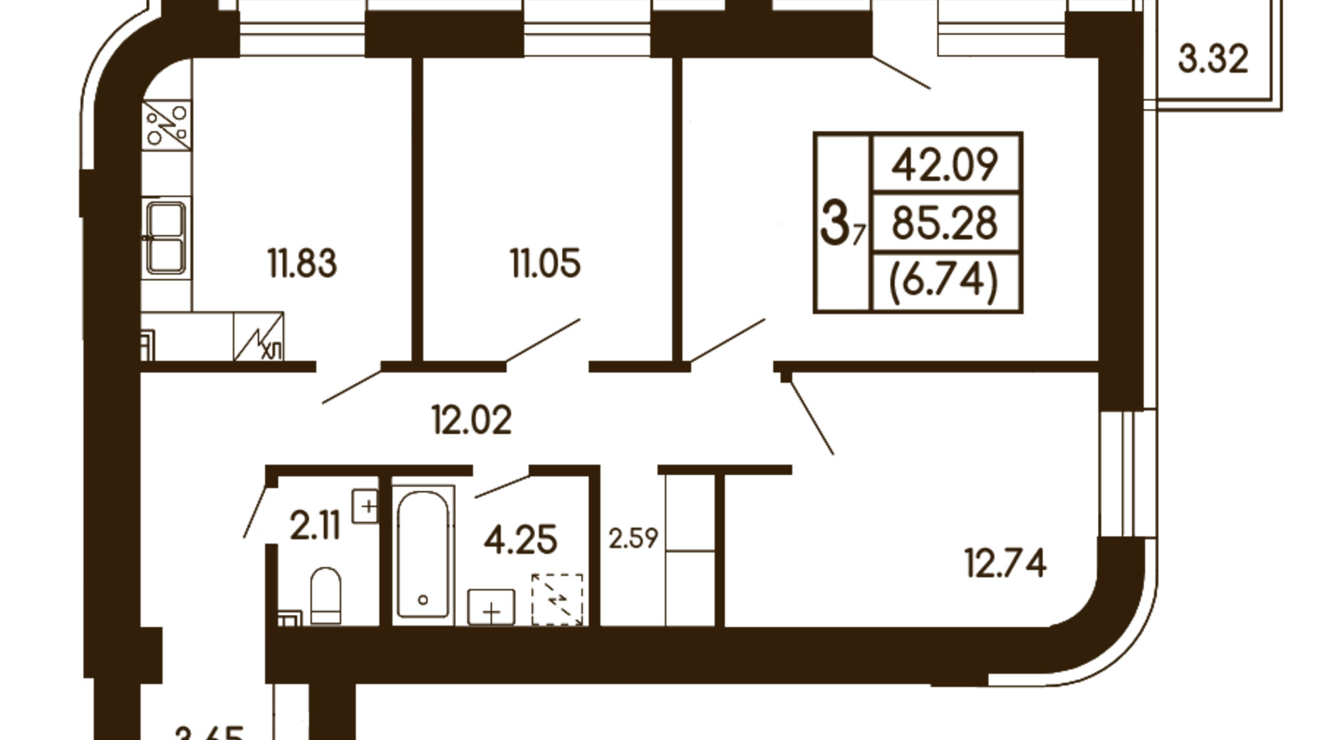 Планування 3-кімнатної квартири в ЖК Чайка 85.28 м², фото 245926