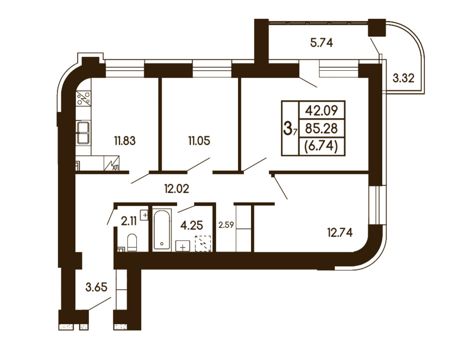 Планування 3-кімнатної квартири в ЖК Чайка 85.28 м², фото 245926 Планування 3-кімнатної квартири в ЖК Чайка 85.28 м², фото 245926